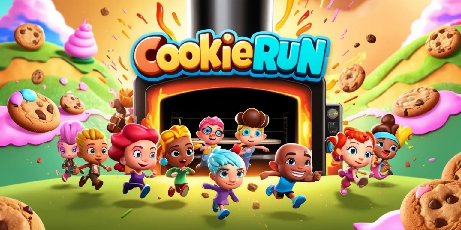 Cookie Run characters gathered around a massive oven in a vibrant fantasy landscape with rolling hills and sugary treats, the OvenSmash game logo prominently displayed in bold, colorful font, with characters showcasing unique facial features, diverse skin colors, and distinctive attributes, set against a warm, golden background with a mix of bright pastel colors, the overall style reminiscent of a whimsical cartoon, the layout bustling with energy and movement, as the characters prepare to smash into the oven with excitement and anticipation.