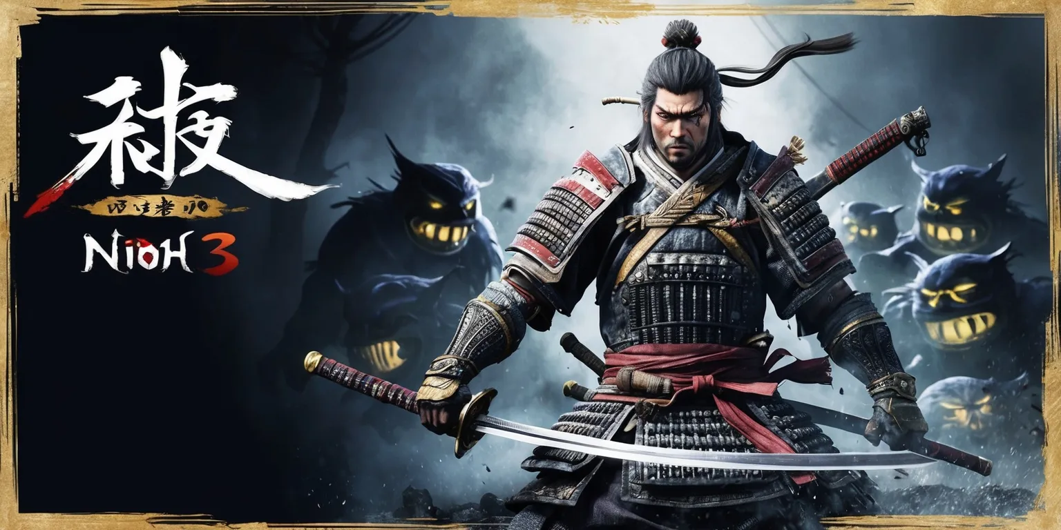 A dark fantasy action-adventure scene from Nioh 3, set in feudal Japan with a blend of traditional and supernatural elements, featuring a samurai warrior with a determined facial expression, wearing a mix of steel and leather armor, and wielding a sword, surrounded by glowing yokai spirits and a haunting misty atmosphere, with a dominant color scheme of deep blues and grays, and an ornate kanji logo of the game's title in the top left corner, stylized with bold brushstrokes and golden accents, on a horizontal layout with a widescreen aspect ratio, and a subtle grain effect to evoke a sense of grit and realism.