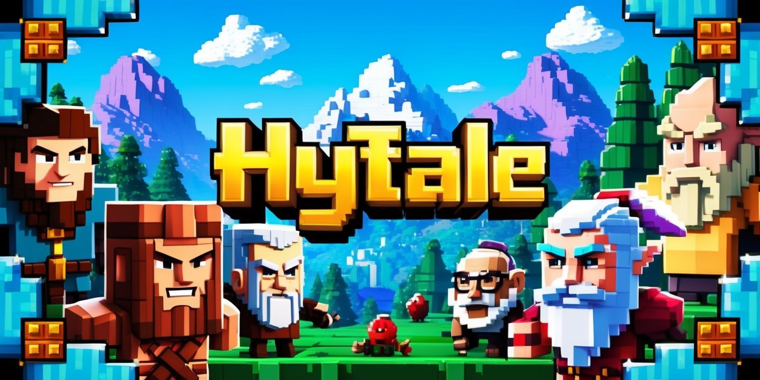 A vibrant digital artwork depicting the Hytale game, showcasing a detailed landscape with blocky terrain, lush green forests, and majestic mountains, set against a bright blue sky with puffy white clouds, featuring a variety of characters with unique facial features and skin colors, including a brave warrior with a strong jawline and determined expression, a wise old sage with a long white beard and spectacles, and a mischievous imp with pointed ears and a sly grin, all rendered in a stylized pixel art style with bold lines and textures, with the game's logo prominently displayed in a bold, golden font with a subtle glow effect, surrounded by intricate details and patterns that reflect the game's fantasy world and adventurous spirit.