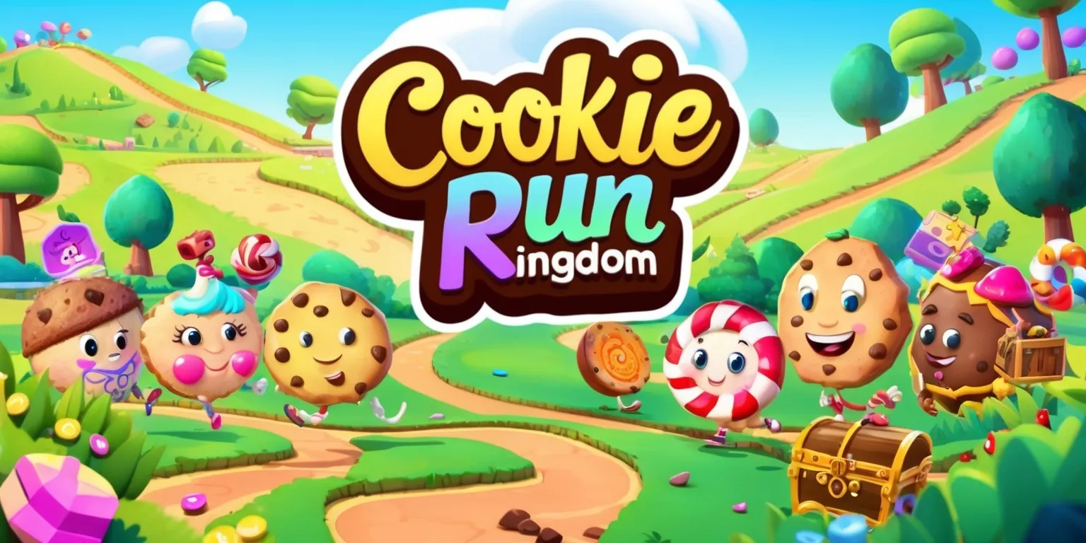A vibrant, colorful digital illustration of the Cookie Run: Kingdom game, featuring a variety of whimsical cookie characters with distinct facial features and personalities, set against a bright and lively backdrop with rolling hills, tall trees, and winding paths, with the game's logo prominently displayed in a bold, cursive font with pastel colors, surrounded by lush greenery and colorful flowers, and incorporating various game elements such as candy, gems, and treasure chests, with a mix of warm and cool colors to create a dynamic and engaging atmosphere, and a clear view of the game's landscape and characters in the foreground.