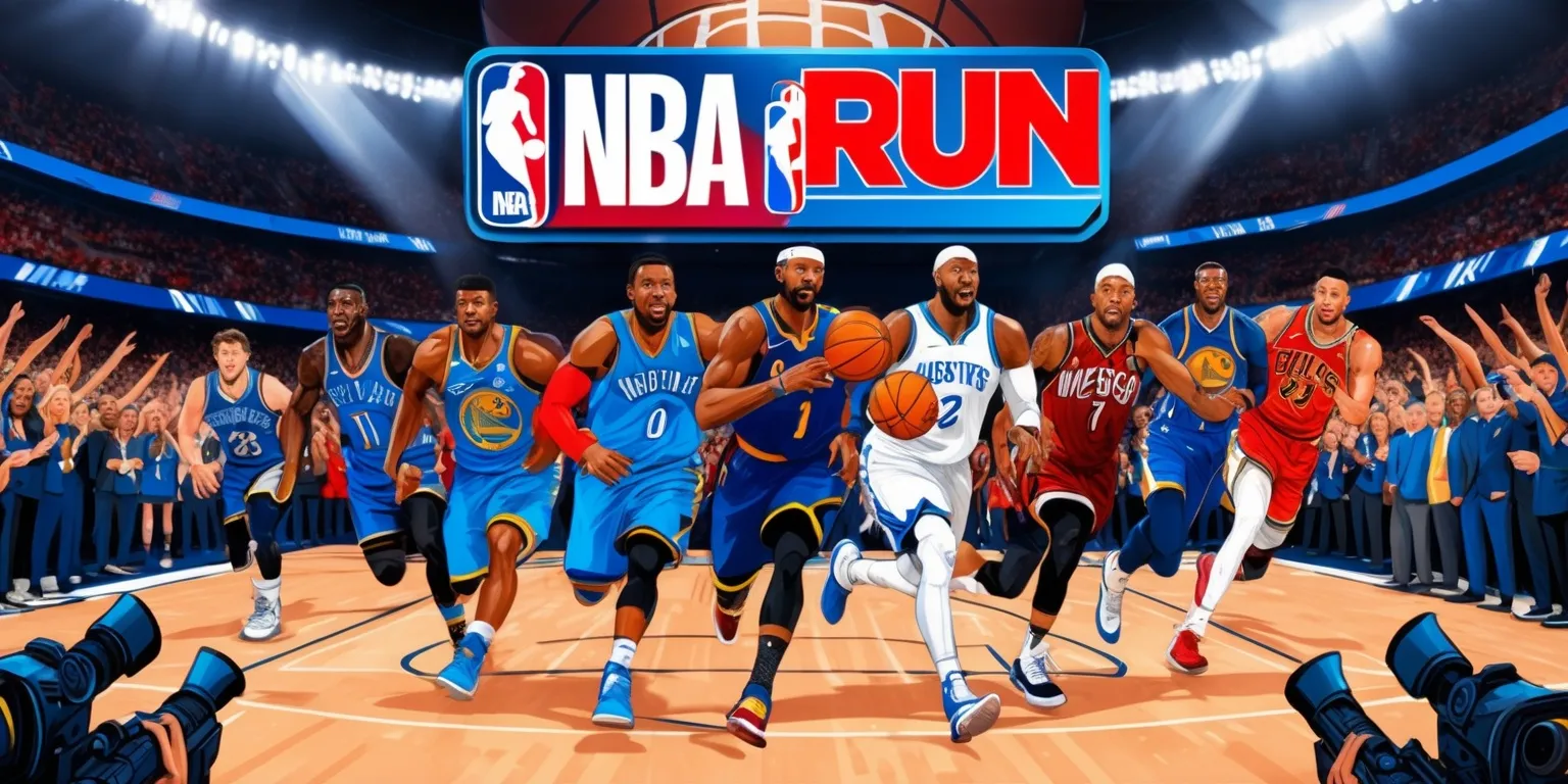 A vibrant and dynamic illustration of the NBA The Run game, set against a backdrop of a packed stadium with a basketball court at its center, featuring a diverse group of professional basketball players in mid-action, with a range of skin tones and facial features, wearing their respective team jerseys and sneakers, surrounded by flashing cameras and cheering fans, with the NBA logo prominently displayed in bold, red, and blue letters at the top of the image, and the game's title The Run written in a sleek, modern font style next to it, with a mix of warm and cool colors used throughout the scene to convey a sense of energy and excitement.