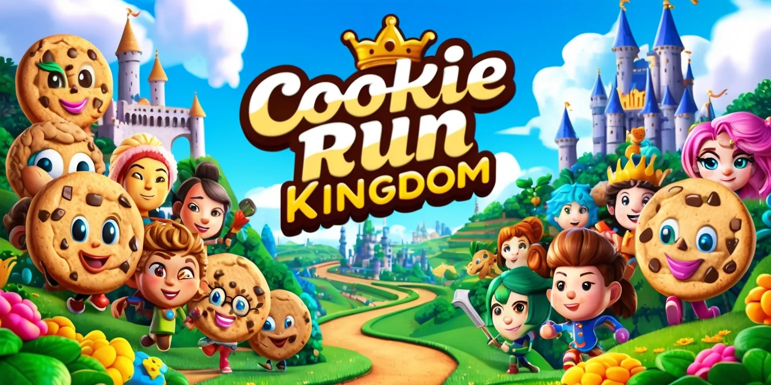 A vibrant and colorful digital illustration of the Cookie Run Kingdom game, featuring a variety of intricately designed cookie characters with unique facial features and accessories, set against a detailed and lush fantasy kingdom backdrop with rolling hills, towering castles, and winding paths, with a bright blue sky and fluffy white clouds, and incorporating the game's iconic logo in a bold, cursive font with a golden crown emblem, surrounded by lush greenery and colorful flowers, with a sense of warmth and whimsy, and a shallow depth of field to emphasize the characters and logo.