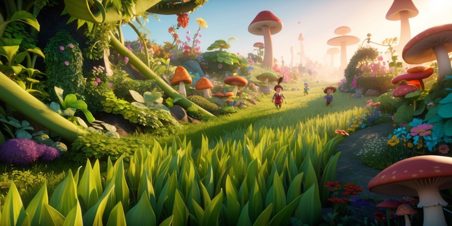 A vibrant and whimsical scene from the Grounded 2 game, featuring a mixture of lush greenery, intricate foliage, and oversized blades of grass, with a few tiny characters in the distance, navigating through the enormous garden landscape, the characters having distinct facial features, varied skin tones, and unique clothing, surrounded by an array of colorful flowers, towering mushrooms, and scattered garden objects, with warm sunlight casting long shadows across the terrain, and a sense of adventure and exploration emanating from the atmosphere, blending fantastical and realistic elements, and incorporating the game's distinct visual style, with bold lines, delicate textures, and an immersive depth of field.