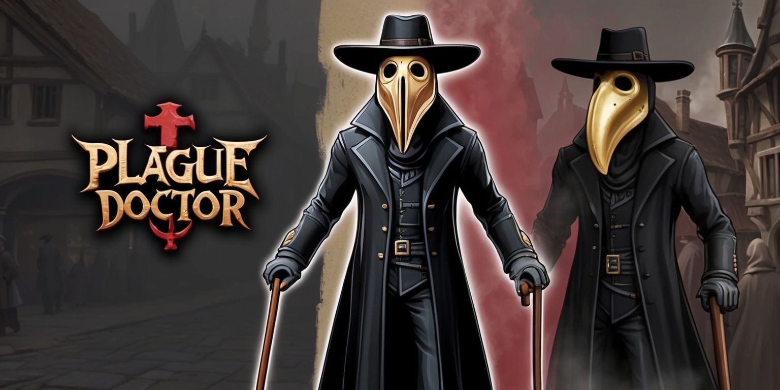 A detailed illustration of a Plague Doctor character from a mobile game, featuring a beaked mask, a long black coat with a wide brimmed hat, and a wooden cane, set against a dark muted background with subtle hints of a medieval European town, the character's facial features obscured by the mask, with a focus on intricate textures and subtle color accents, the overall style reminiscent of a mix of gothic and steampunk elements, with the game's logo, a stylized lettering with a plague cross, subtly integrated into the composition, the color palette dominated by shades of black, dark brown, and crimson, with the beak of the mask and the plague cross standing out in a muted gold tone.