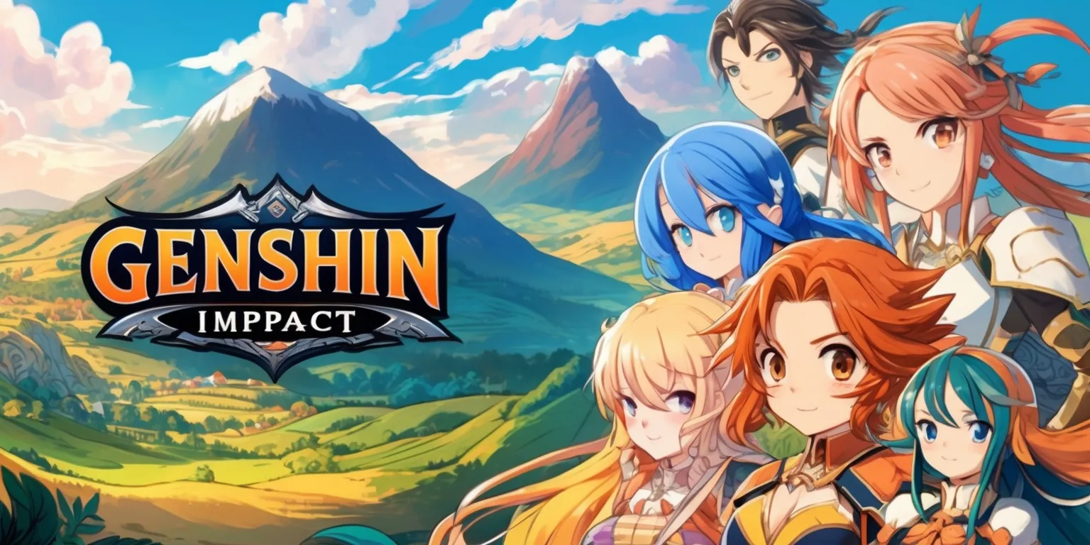 A vibrant and detailed digital illustration of the popular Genshin Impact game, featuring a stunning fantasy landscape with rolling hills, towering mountains, and expansive skies, set against a warm and inviting color palette with shades of blue, green, and orange, in the style of a beautifully rendered anime-inspired artwork, with intricate character designs and expressive facial features, showcasing a diverse cast of characters with unique skin colors, hair styles, and outfits, including Diluc, Kaeya, and Amber, with the game's iconic logo and title prominently displayed in a bold, curved font with a metallic sheen, set against a subtle gradient background that adds depth and dimension to the overall composition.