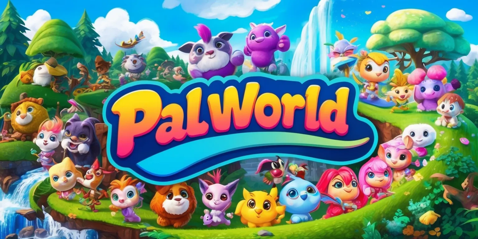 A vibrant and colorful digital illustration of the Palworld game, featuring a diverse range of adorable and fantastical Pals, each with unique attributes and facial features, set against a stunning backdrop of lush green forests, rolling hills, and sparkling waterfalls, with a bright blue sky and fluffy white clouds, incorporating a mix of realistic and stylized elements, and a sense of wonder and adventure, with the Pals engaged in various activities such as playing, exploring, and interacting with each other, and the game's logo prominently displayed in a bold, curved font with bright, pastel colors, and a subtle gradient effect to give it a sense of depth and dimensionality.