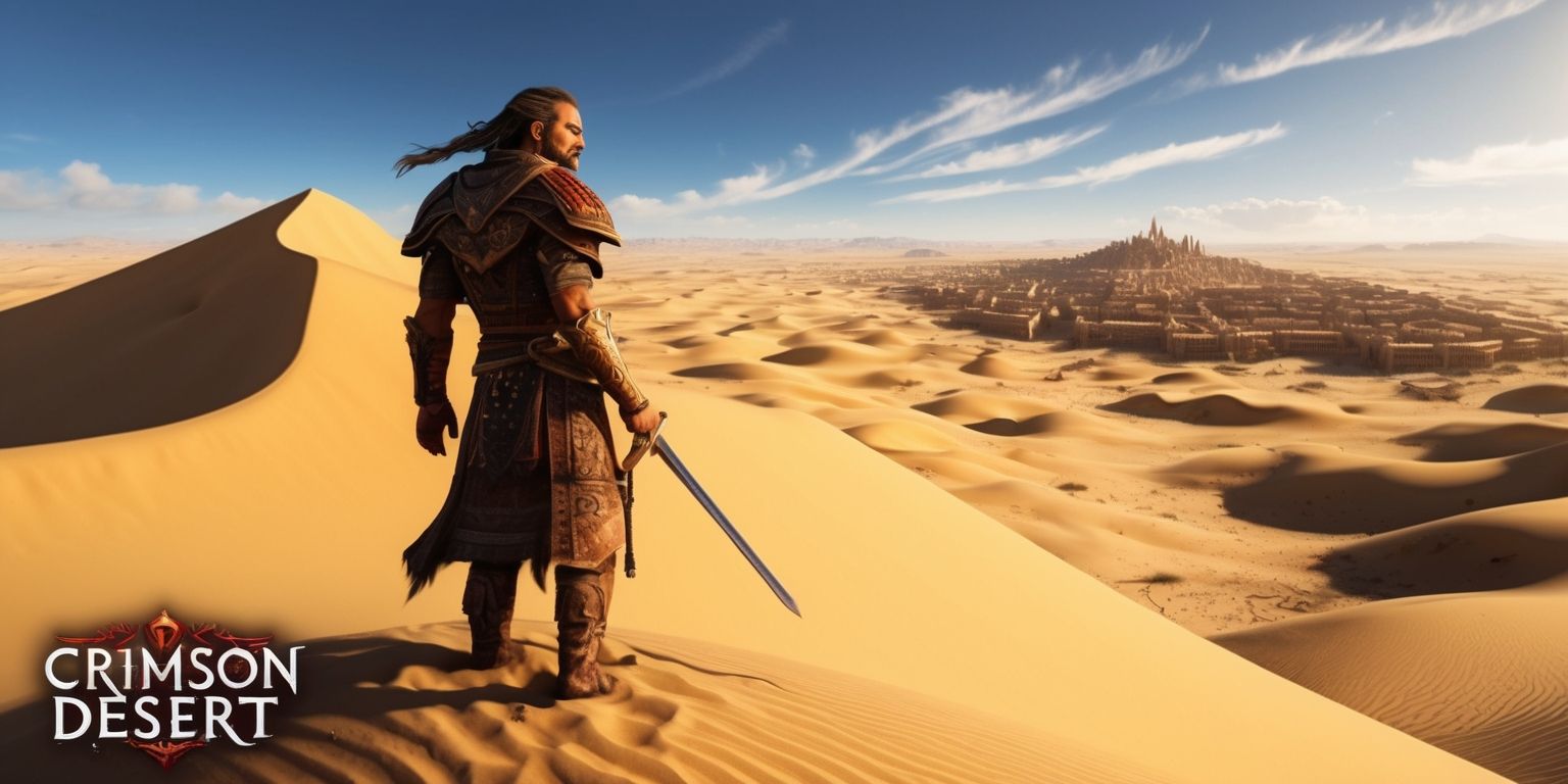 A vibrant scene from the Crimson Desert game, featuring a sprawling desert landscape with endless dunes of golden sand, set against a backdrop of clear blue sky with a few wispy clouds, as a lone figure clad in intricate, earth-toned armor, with a determined expression on their weathered, sun-kissed face, stands atop a dune, gazing out into the distance, with a sword at their side and a sprawling, ancient city visible on the horizon, its crumbling structures a testament to a long-lost civilization, all rendered in a stunning, highly detailed, photorealistic style with warm, earthy colors and subtle texture, inviting the viewer to explore the vast expanse of the desert and uncover its secrets.