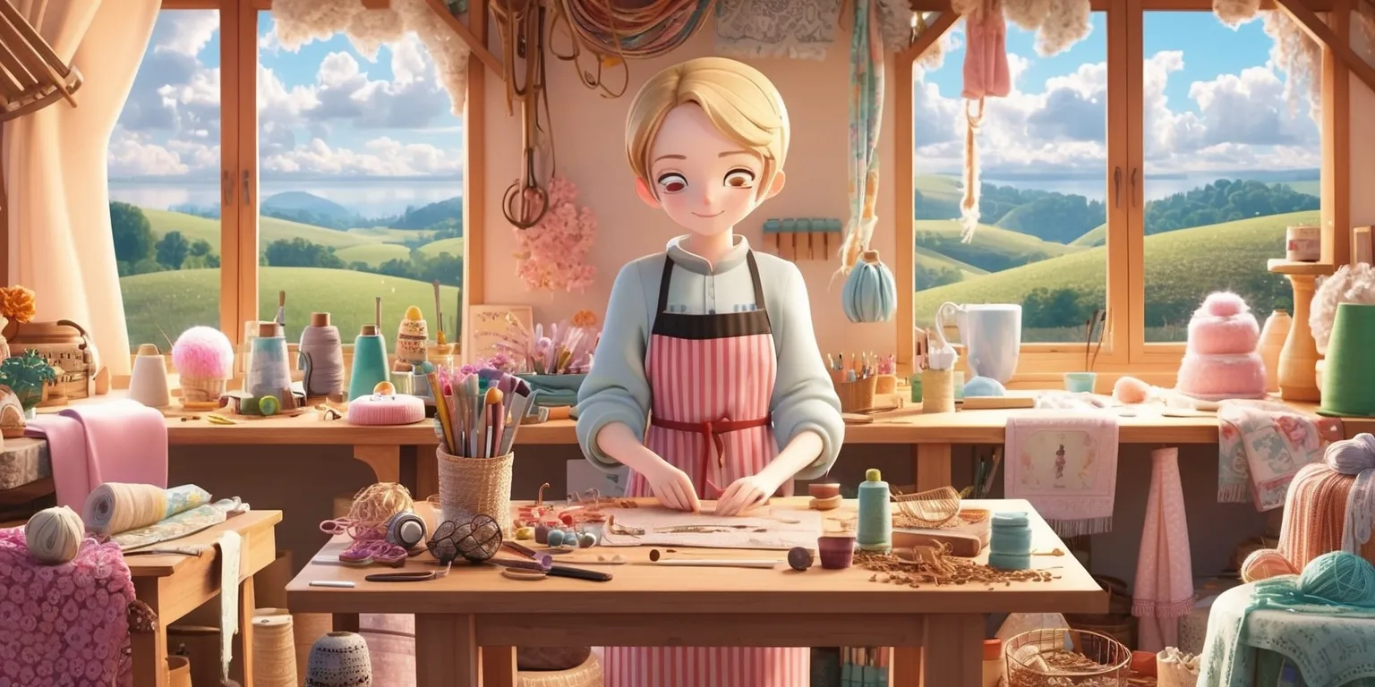A vibrant anime-inspired scene depicting a character crafting in a serene workshop, with a wooden worktable centered, surrounded by eclectic tools and colorful materials, soft warm lighting casting a comforting glow, the character's facial features are delicate with a gentle smile, their skin a warm beige, wearing a pair of stylish round glasses and a cozy apron, the room is filled with an assortment of fabrics, threads, and yarns in various textures and hues, a few half-finished projects are scattered around, with a large window in the background revealing a breathtaking landscape of rolling hills and fluffy white clouds, the overall style is reminiscent of a whimsical fantasy world, with intricate details and patterns, the color palette is dominated by pastel shades, earthy tones, and creamy whites, with bold black lines and delicate textures.