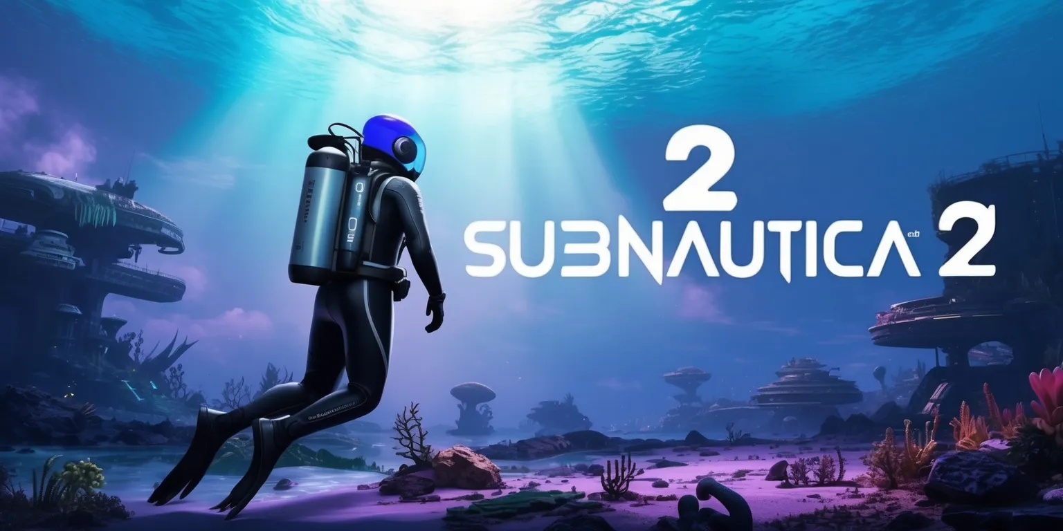 A futuristic underwater scene from the Subnautica 2 game, featuring a vast oceanic landscape with an array of alien sea creatures and submerged architectural structures, set against a stunning blue and purple hue backdrop with soft sunlight peeking through the waves, the image includes a lone diver in a sleek black and silver spacesuit with a bright blue helmet, exploring the seafloor littered with strange artifacts and plant life, with the game's logo subtly integrated into the composition in a metallic silver font with a subtle glow effect.