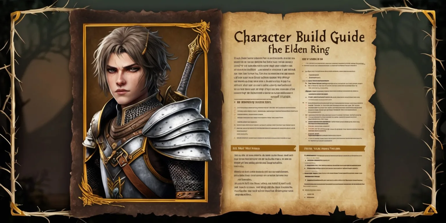 A detailed illustration of a character build guide for the Elden Ring game, featuring a medieval-inspired warrior with intricate armor and weapons, set against a dark fantasy backdrop with muted earthy tones and golden accents, the character's facial features are strong and determined with a neutral skin tone, their eyes are piercing and their hair is messy and worn, the guide itself is displayed on a worn parchment with elegant calligraphy and ornate illustrations of runes and symbols, the text is written in a bold serif font with headings in a brighter golden color, the layout is divided into sections with clear headings and concise descriptions, and the entire scene is framed by a subtle border of twisted roots and thorns.